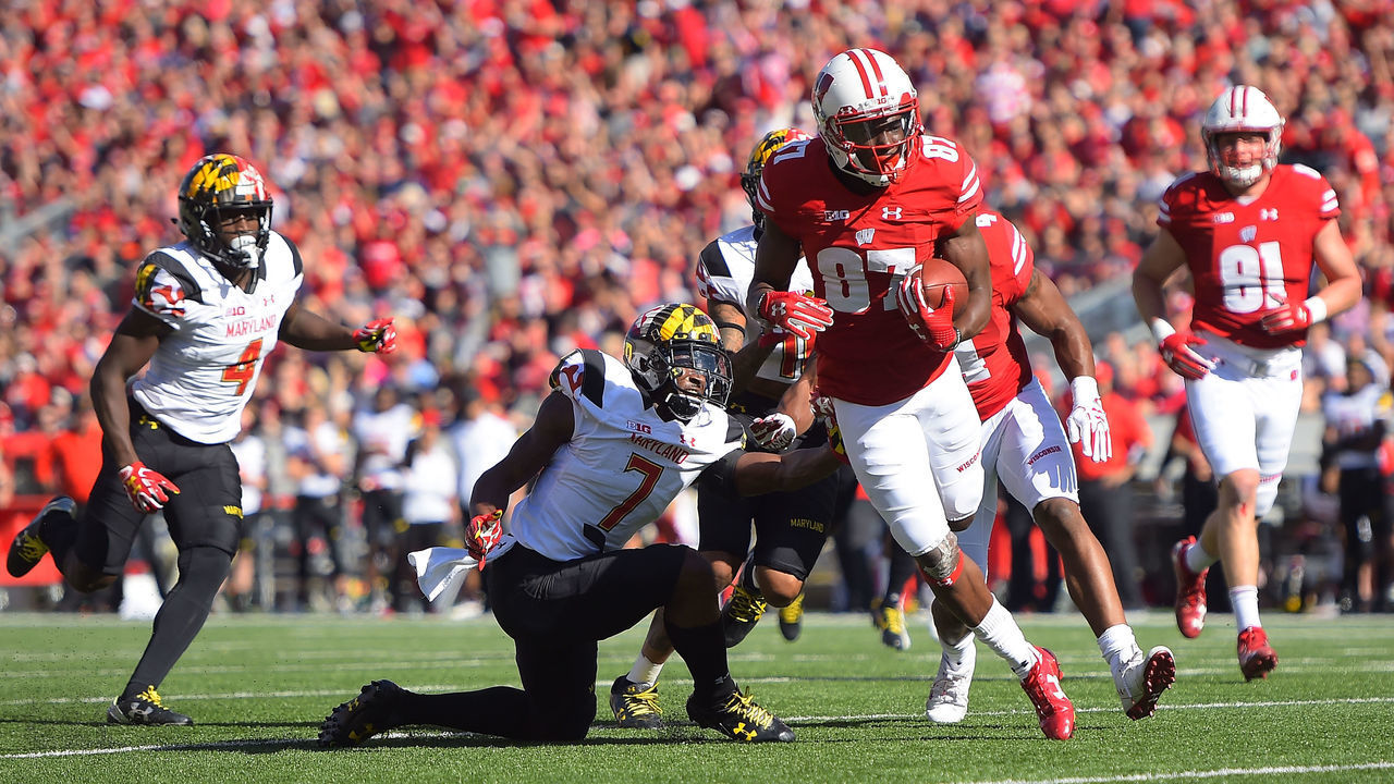 MADISON, WI - OCTOBER 21: Quintez Cephus #87 of the Wisconsin Badgers is pursued by JC Jackson #7 of the Maryland Terrapins during a game at Camp Randall Stadium on October 21, 2017 in Madison, Wisconsin. Wisconsin defeated Maryland 38-13. (Photo by Stacy Revere/Getty Images