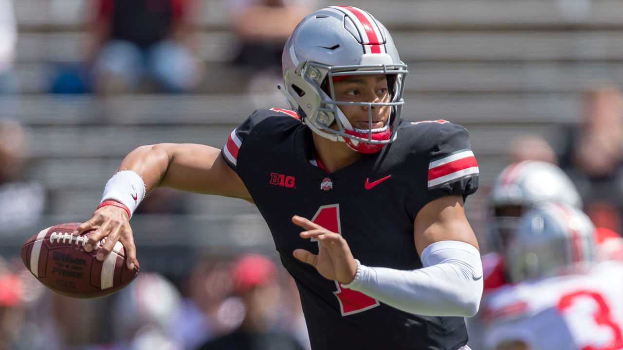 COLUMBUS, OH - APRIL 13: Ohio State Buckeyes quarterback Justin Fields (1) passes the ball during the Ohio State Life Sports Spring Game presented by Nationwide at Ohio Stadium in Columbus, Ohio on April 13th, 2019.