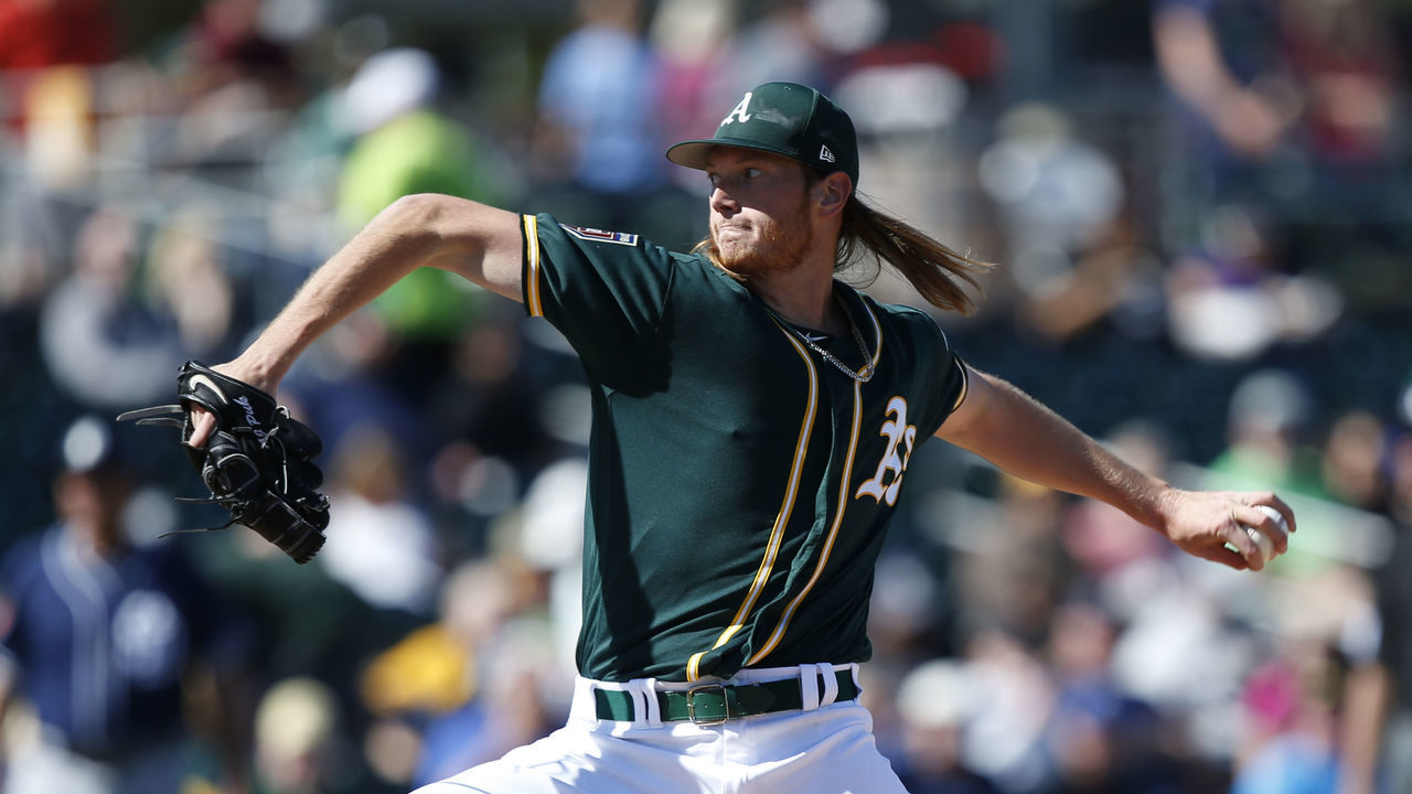 MESA, AZ - MARCH 3: A.J. Puk #30 of the Oakland Athletics pitches during the game against the San Diego Padres at Hohokam Stadium on March 3, 2018 in Mesa, Arizona. *** Local Caption *** A.J. Puk