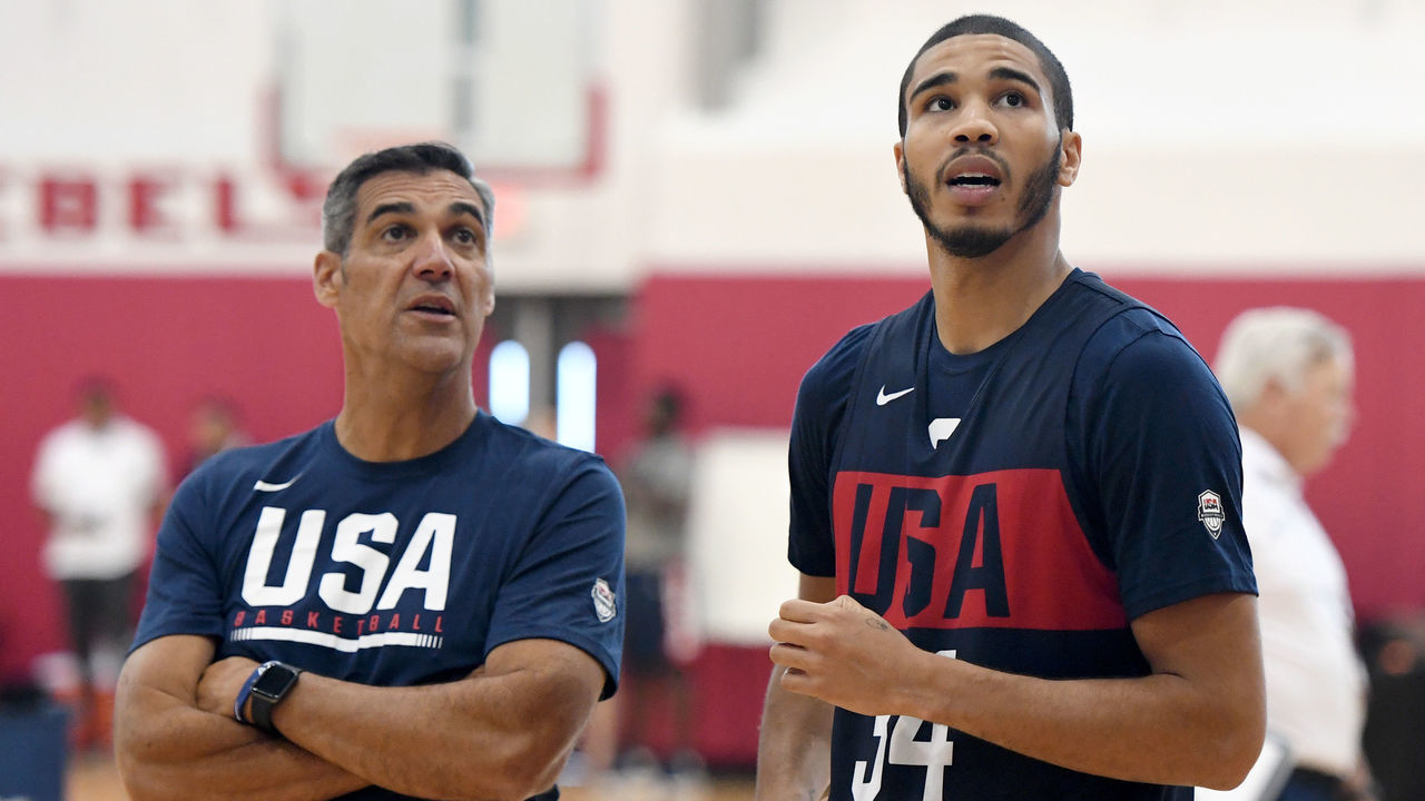 LAS VEGAS, NEVADA - AUGUST 05: Assistant coach Jay Wright and Jayson Tatum #34 of the 2019 USA Men's National Team talk during a practice session at the 2019 USA Basketball Men's National Team World Cup minicamp at the Mendenhall Center at UNLV on August 5, 2019 in Las Vegas, Nevada.