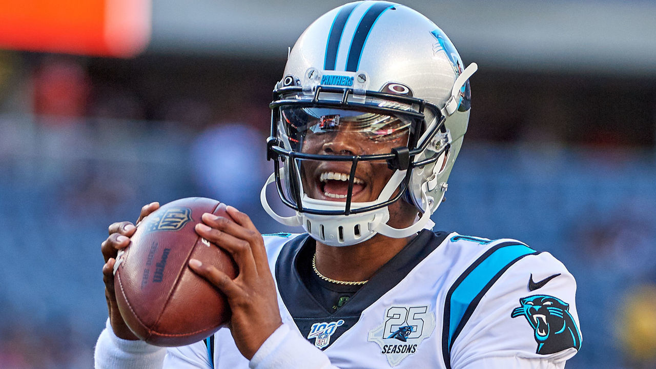 CHICAGO, IL - AUGUST 08: Carolina Panthers quarterback Cam Newton (1) prior to game action during a NFL preseason game between the Carolina Panthers and the Chicago Bears on August 8, 2019 at Soldier Field, in Chicago, IL.