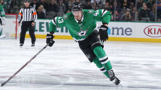 DALLAS, TX - MARCH 5: Valeri Nichushkin #43 of the Dallas Stars skates against the New York Rangers at the American Airlines Center on March 5, 2019 in Dallas, Texas.