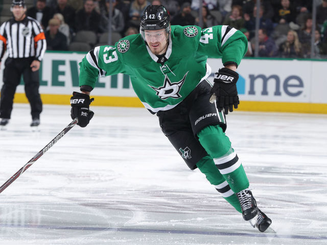 DALLAS, TX - MARCH 5: Valeri Nichushkin #43 of the Dallas Stars skates against the New York Rangers at the American Airlines Center on March 5, 2019 in Dallas, Texas.