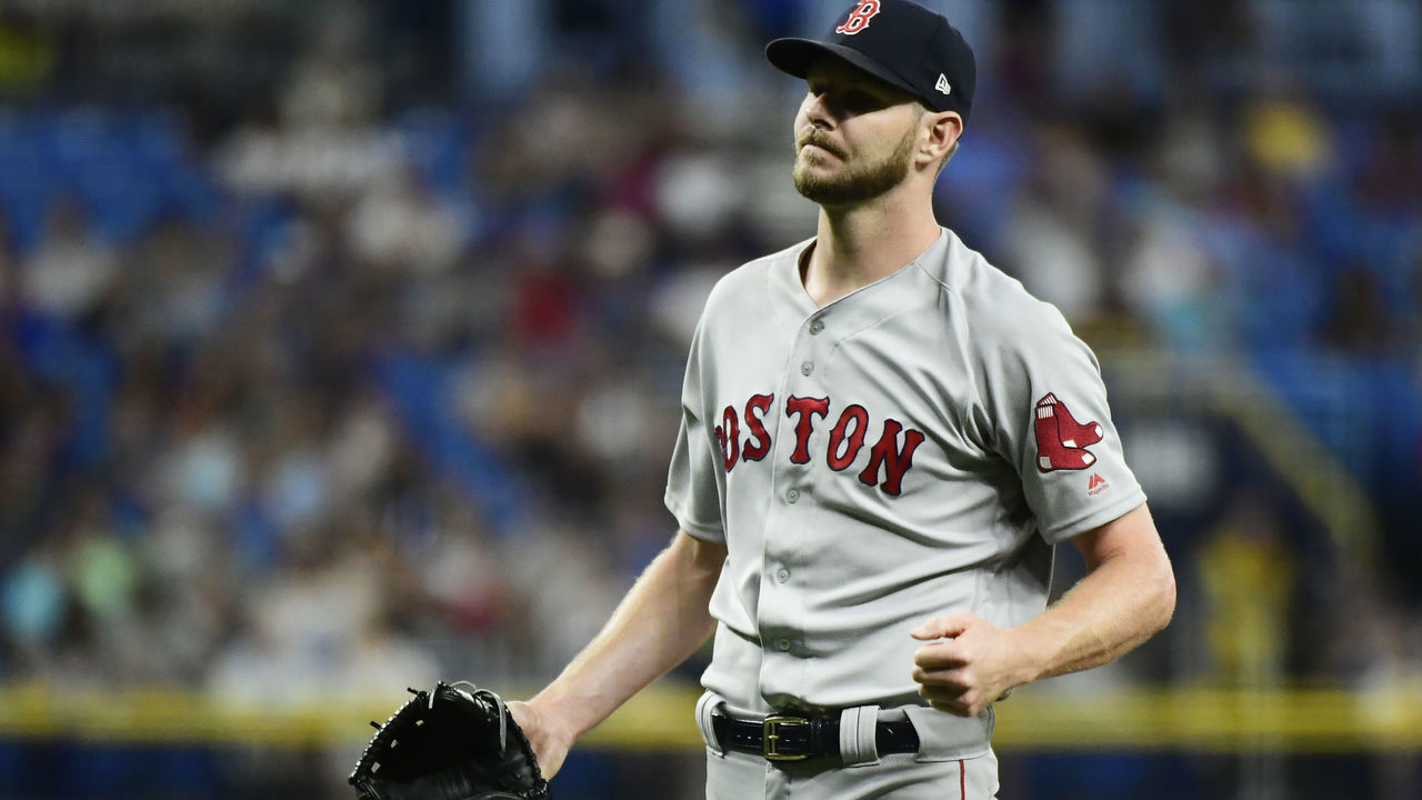 ST. PETERSBURG, FLORIDA - JULY 23: Chris Sale #41 of the Boston Red Sox reacts after walking Mike Zunino #10 of the Tampa Bay Rays during the third inning of a baseball game at Tropicana Field on July 23, 2019 in St. Petersburg, Florida.