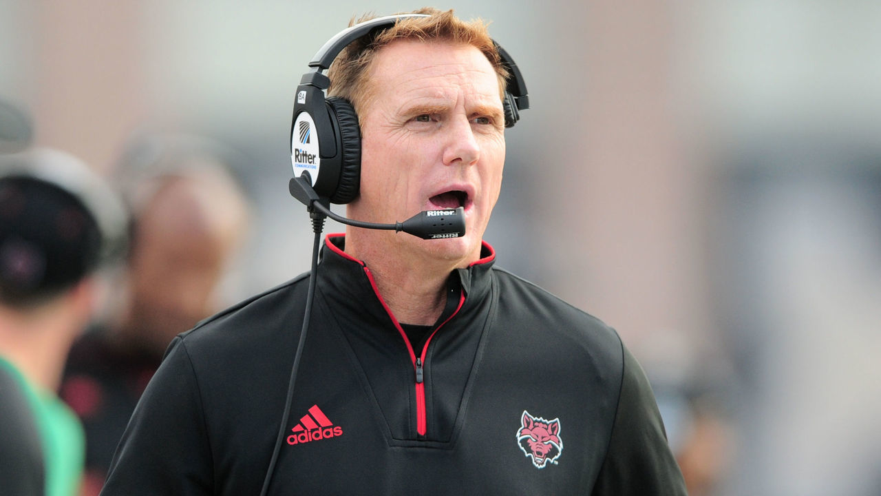 SAN MARCOS, TX - NOVEMBER 24: Arkansas State Red Wolves head coach Blake Anderson watches action during Sun Belt Conference game against the Texas State Bobcats on November 24, 2018 at Bobcat Stadium in San Marcos, TX.