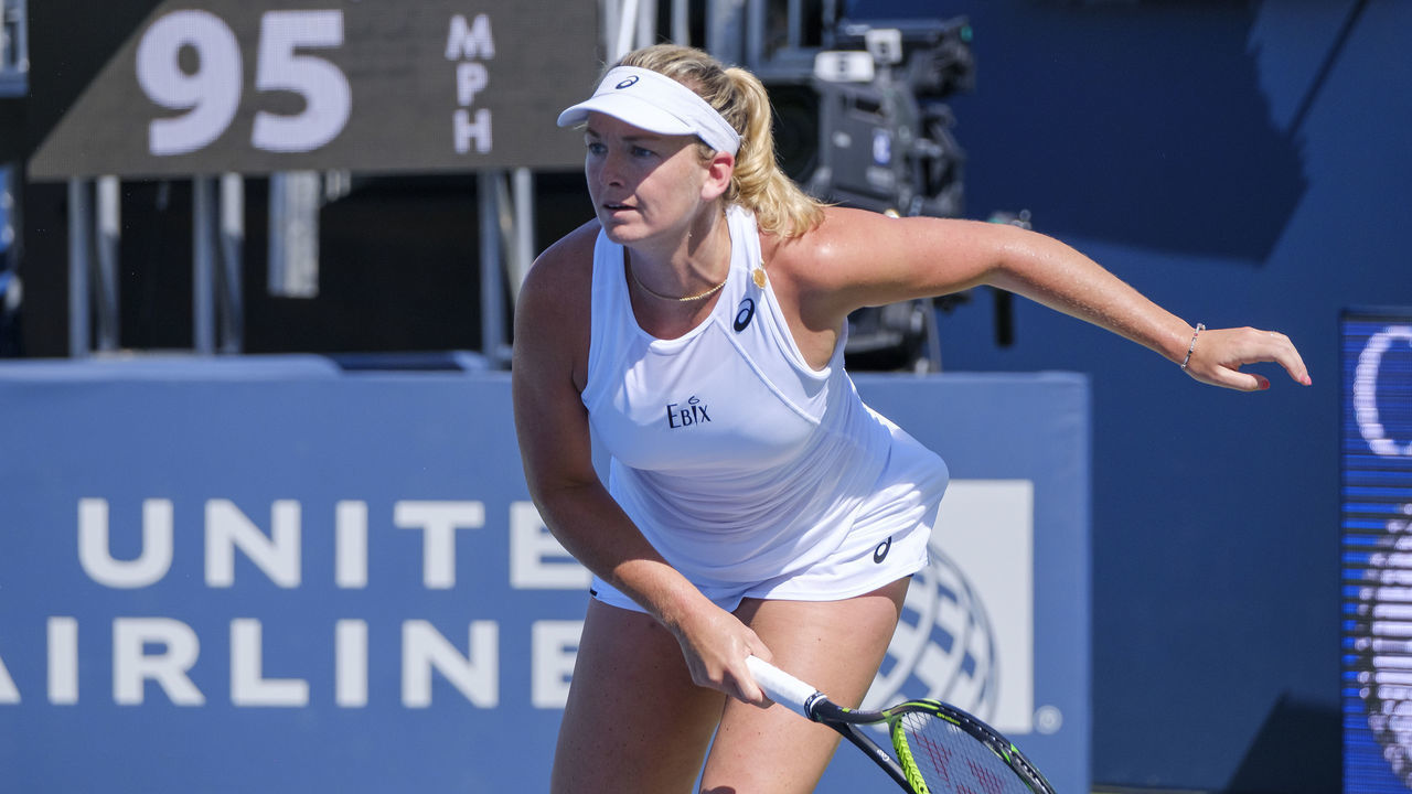 SAN JOSE, CA - JULY 31: CoCo Vandeweghe (USA) follows through on a serve during Round 2 of the Singles match of the Mubadala Silicon Valley Classic on Wednesday, July 31, 2019 at San Jose University, San Jose, California.