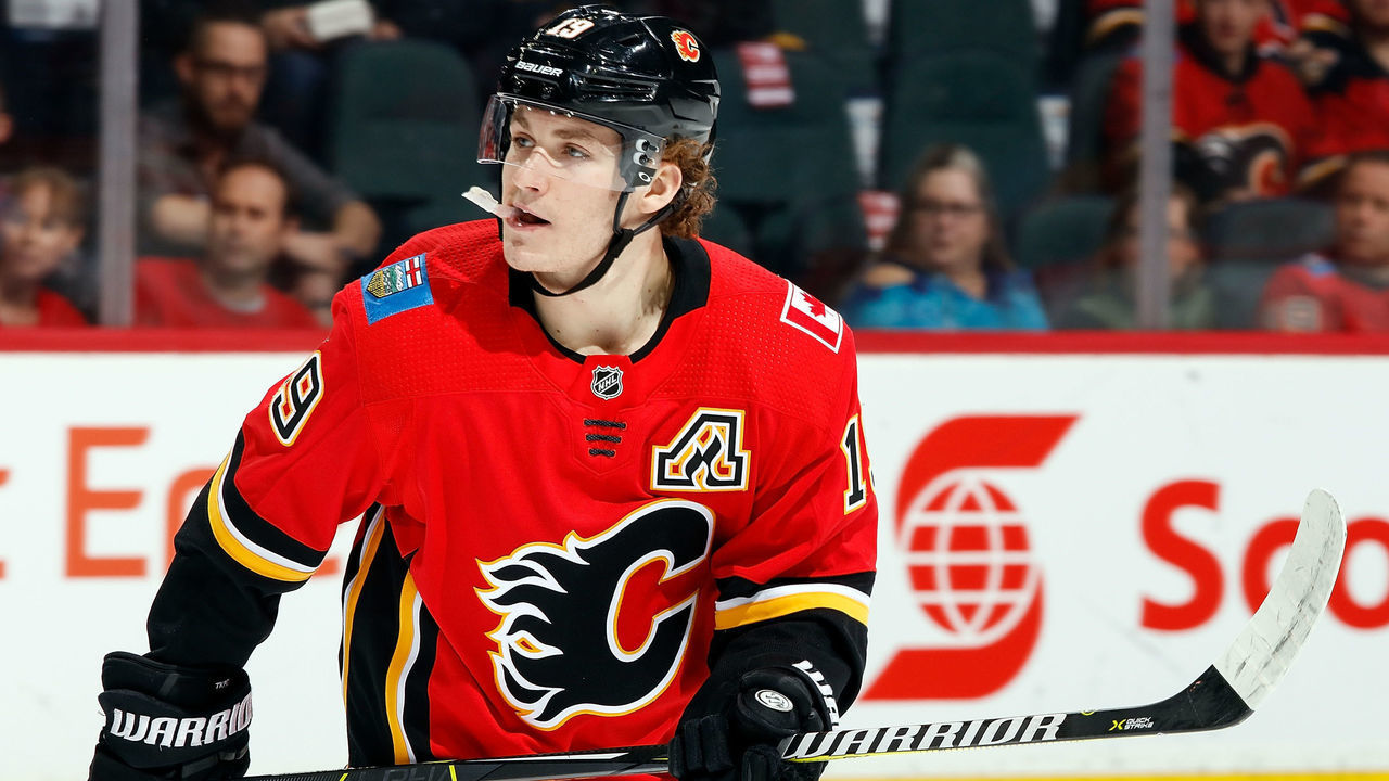 CALGARY, AB - MARCH 25: Matthew Tkachuk #19 of the Calgary Flames skates against the Los Angeles Kings during an NHL game on March 25, 2019 at the Scotiabank Saddledome in Calgary, Alberta, Canada.