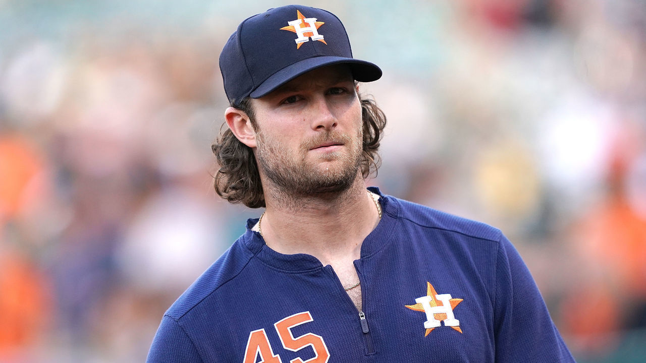 OAKLAND, CA - AUGUST 16: Gerrit Cole #45 of the Houston Astros looks on from the dugout prior to the start of a Major League Baseball game against the Oakland Athletics at Ring Central Coliseum on August 16, 2019 in Oakland, California.