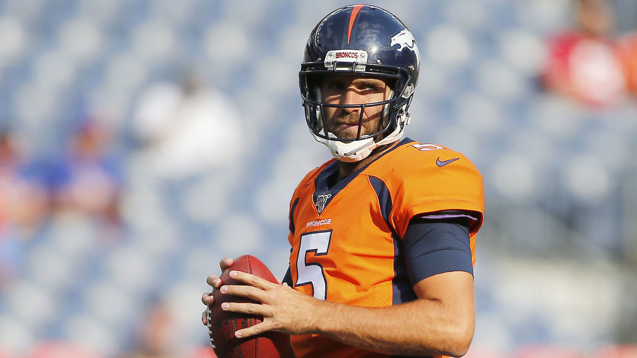 DENVER, CO - AUGUST 19: Denver Broncos quarterback Joe Flacco (5) during a preseason game between the Denver Broncos and the visiting San Francisco 49ers on August 19, 2019 at Broncos Stadium at Mile High in Denver, CO.