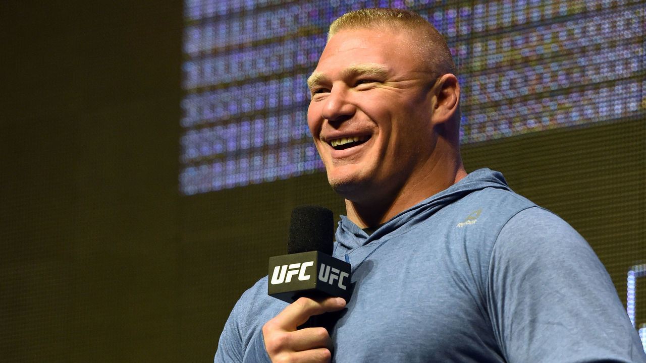 LAS VEGAS, NV - JULY 07: Mixed martial artist Brock Lesnar smiles as he takes questions from members of the media during an open workout for UFC 200 at T-Mobile Arena on July 7, 2016 in Las Vegas, Nevada. Lesnar will face Mark Hunt on July 9 in Las Vegas in a heavyweight bout that will serve as UFC 200's main event after Jon Jones was pulled from his light heavyweight title fight against Daniel Cormier due to a potential violation of the UFC's anti-doping policy.