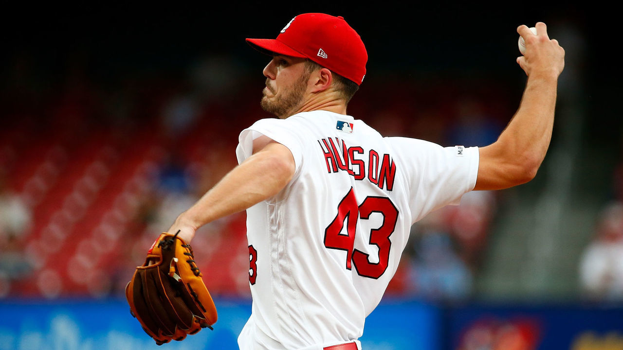 ST LOUIS, MO - AUGUST 19: Dakota Hudson #43 of the St. Louis Cardinals delivers a pitch against the Milwaukee Brewers in the first inning at Busch Stadium on August 19, 2019 in St Louis, Missouri.