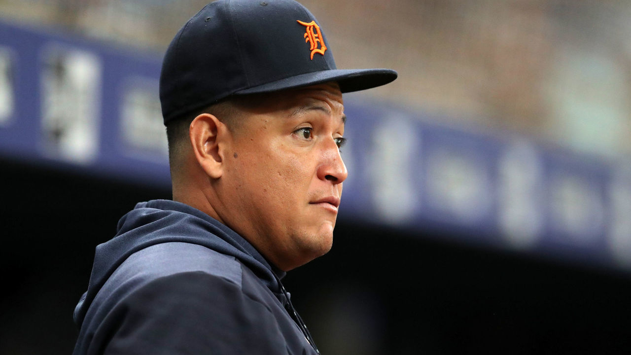 ST. PETERSBURG, FL - AUGUST 18: Miguel Cabrera #24 of the Detroit Tigers reacts in the dugout in the third inning of a baseball game against the Tampa Bay Rays at Tropicana Field on August 18, 2019 in St. Petersburg, Florida.