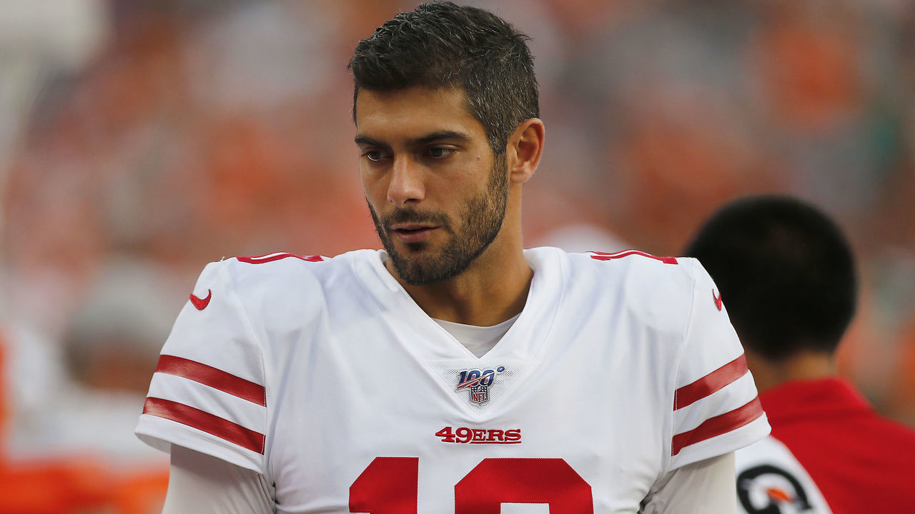 DENVER, CO - AUGUST 19: San Francisco 49ers quarterback Jimmy Garoppolo (10) during a preseason game between the Denver Broncos and the visiting San Francisco 49ers on August 19, 2019 at Broncos Stadium at Mile High in Denver, CO.