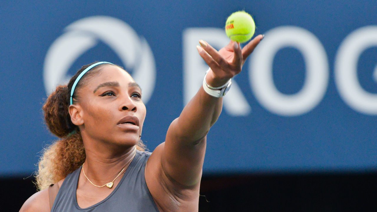 Serena Williams of USA plays against Elise Mertens of Belgium during the round 32 match of championship in the Rogers Cup tennis tournament at Aviva Centre on August 07, 2019 in Toronto, Canada