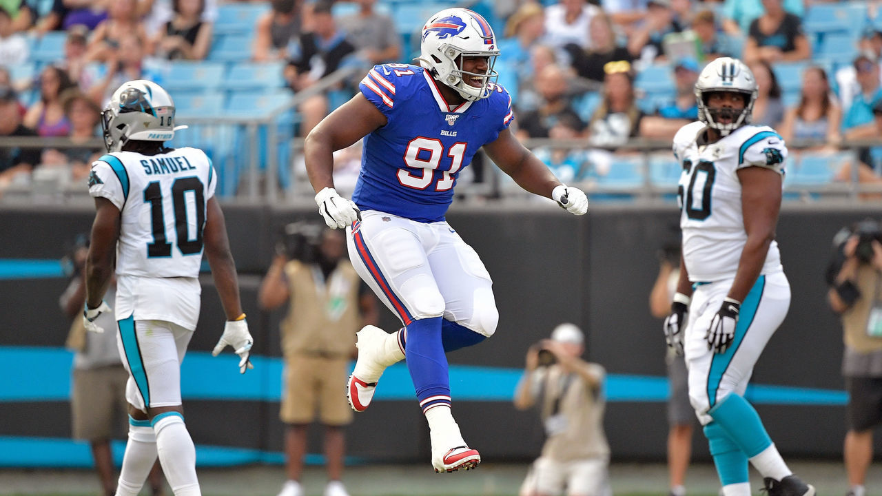CHARLOTTE, NORTH CAROLINA - AUGUST 16: Ed Oliver #91 of the Buffalo Bills reacts after breaking up a pass against the Carolina Panthers during the first quarter of their preseason game at Bank of America Stadium on August 16, 2019 in Charlotte, North Carolina.