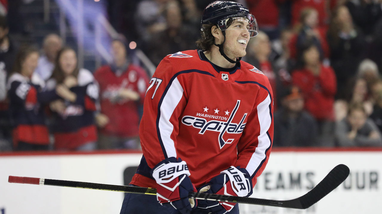 WASHINGTON, DC - FEBRUARY 11: T.J. Oshie #77 of the Washington Capitals looks on against the Los Angeles Kings during the second period at Capital One Arena on February 11, 2019 in Washington, DC.