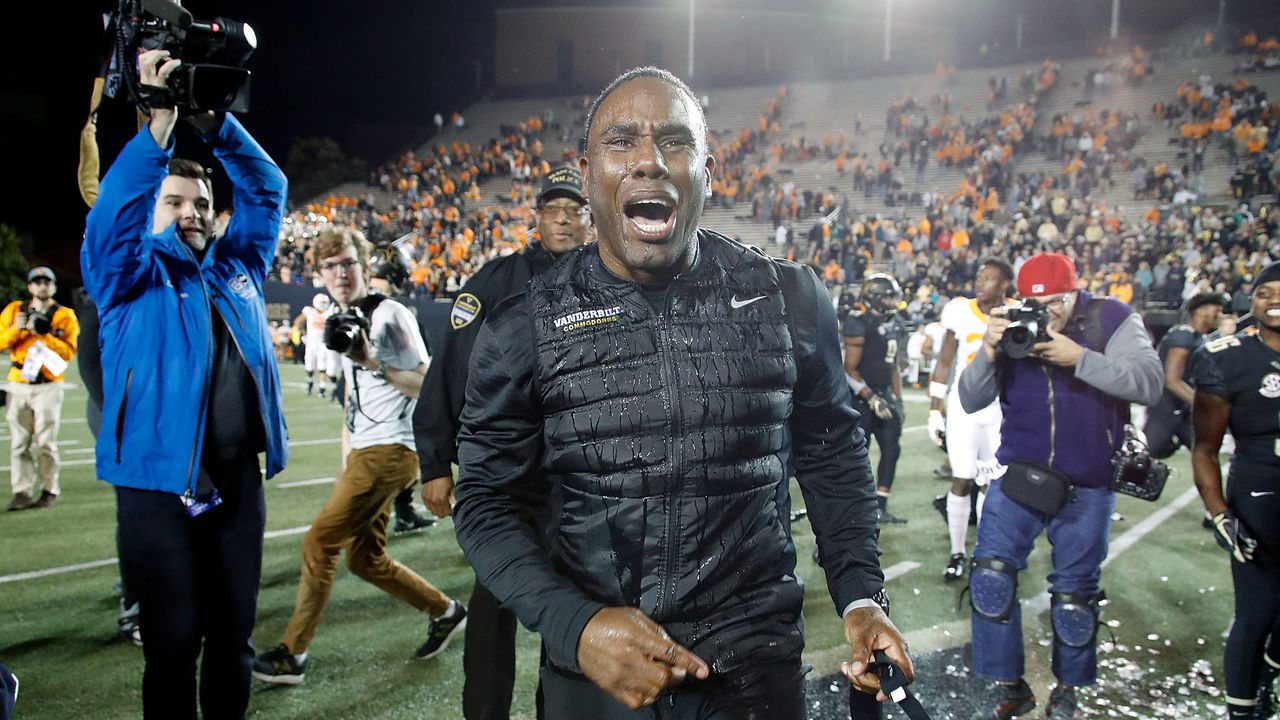 NASHVILLE, TN - NOVEMBER 24: Head coach Derek Mason of the Vanderbilt Commodores yells after being doused in Gatorade after a 38-13 Vanderbilt victory over the Tennessee Volunteers at Vanderbilt Stadium on November 24, 2018 in Nashville, Tennessee.