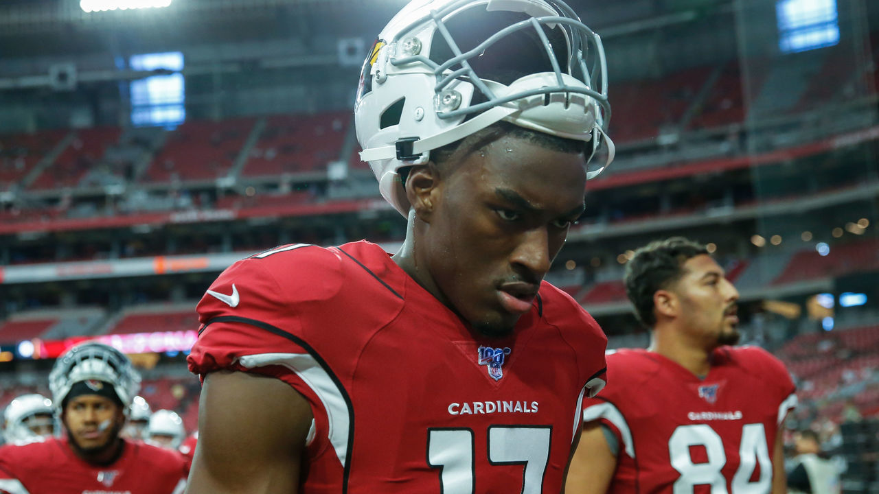 GLENDALE, AZ - AUGUST 15: Arizona Cardinals wide receiver Hakeem Butler (17) walks off the field before the NFL preseason football game between the Oakland Raiders and the Arizona Cardinals on August 15, 2019 at State Farm Stadium in Glendale, Arizona.