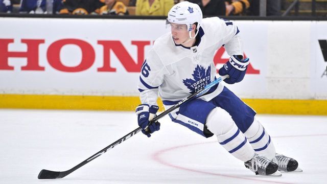BOSTON, MA - APRIL 13: Toronto Maple Leafs right wing Mitchell Marner (16) makes a quick turn, and heads up ice after the puck. During Game 2 in the First round of the Stanley Cup playoffs featuring the Toronto Maple Leafs against the Boston Bruins on April 13, 2019 at TD Garden in Boston, MA.