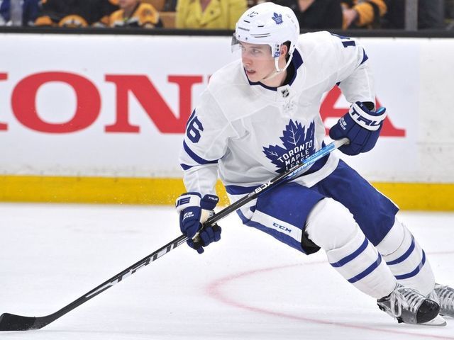 BOSTON, MA - APRIL 13: Toronto Maple Leafs right wing Mitchell Marner (16) makes a quick turn, and heads up ice after the puck. During Game 2 in the First round of the Stanley Cup playoffs featuring the Toronto Maple Leafs against the Boston Bruins on April 13, 2019 at TD Garden in Boston, MA.