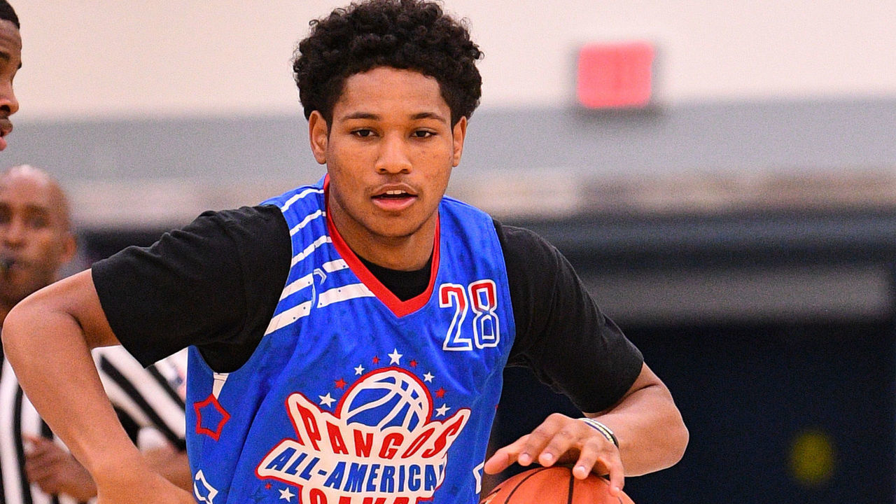 NORWALK, CA - JUNE 03: Daishen Nix from Trinity High School brings the ball up the court during the Pangos All-American Camp on June 3, 2018 at Cerritos College in Norwalk, CA.