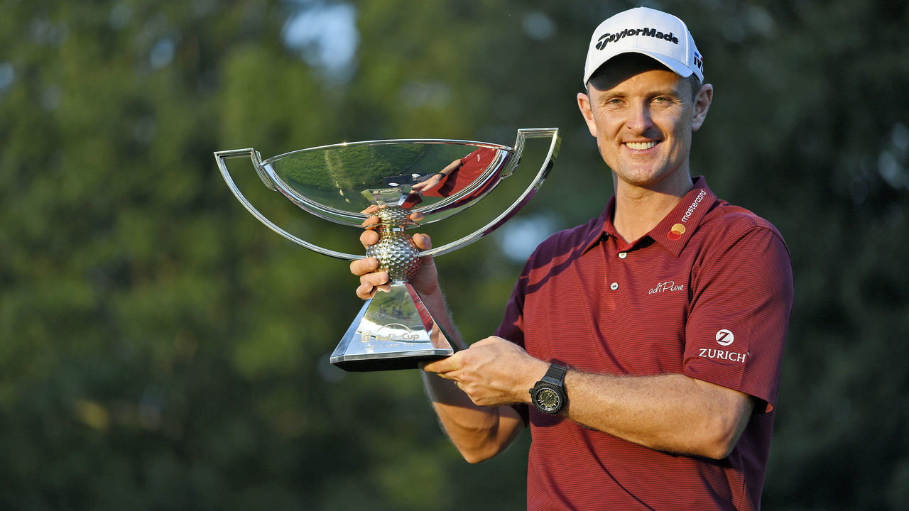 ATLANTA, GA - SEPTEMBER 23: Justin Rose of England holds the FedExCup trophy after the final round of the TOUR Championship at East Lake Golf Club on September 23, 2018, in Atlanta, Georgia.