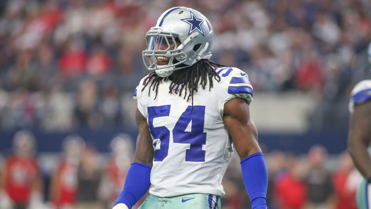 November 22, 2018:.Dallas Cowboys linebacker Jaylon Smith (54) celebrates  as he makes a great play during an NFL football game between the Washington  Redskins and Dallas Cowboys at AT&T Stadium in Arlington