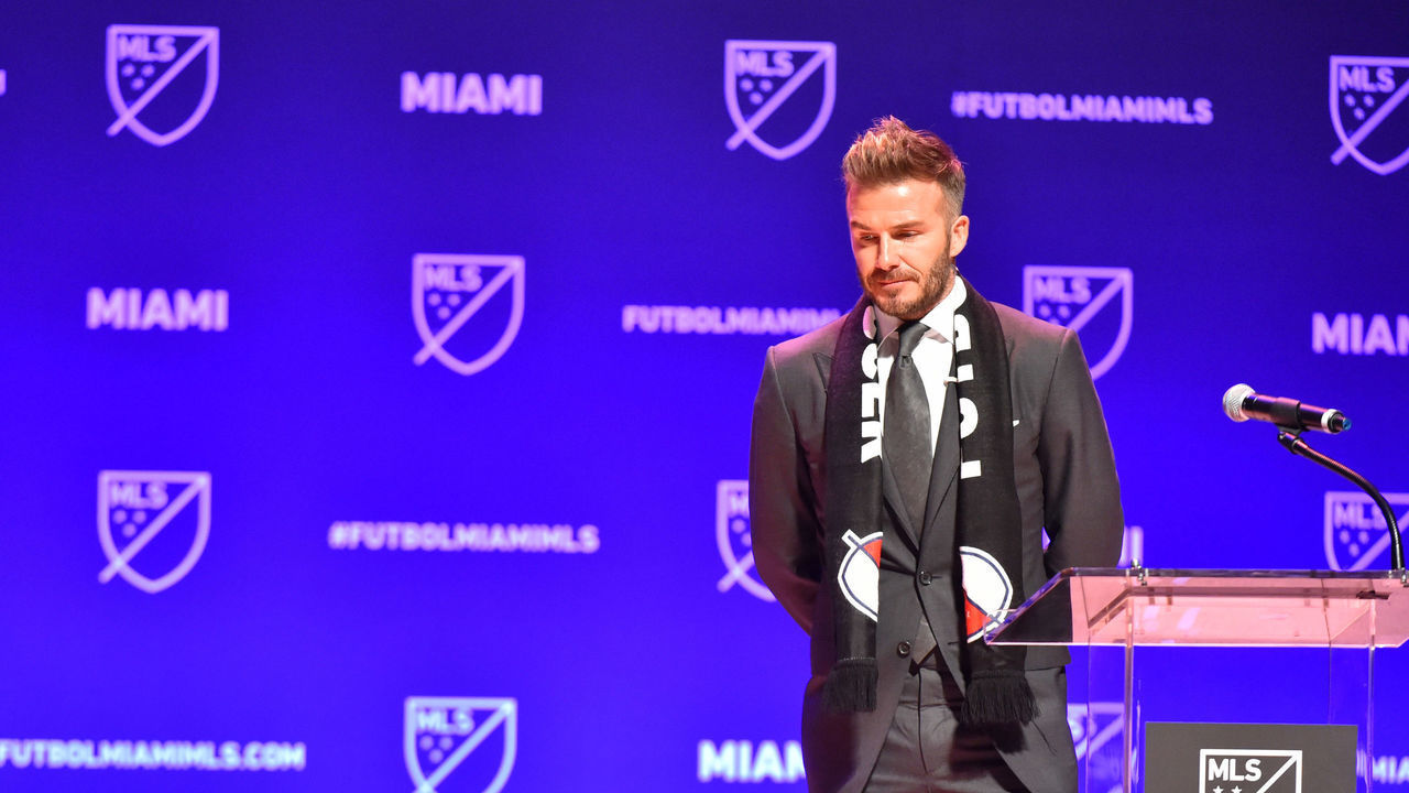 MIAMI, FL - JANUARY 29: David Beckham addresses the crowd during the press conference announcing an MLS franchise in Miami at the Knight Concert Hall on January 29, 2018 in Miami, Florida.