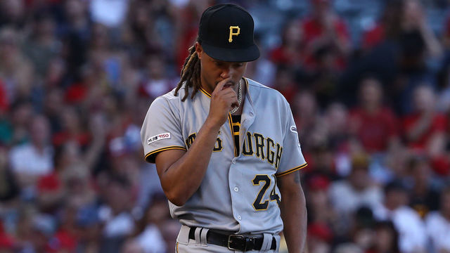 ANAHEIM, CALIFORNIA - AUGUST 14: Pitcher Chris Archer #24 of the Pittsburgh Pirates reacts after giving up an rbi single to Albert Pujols #5 of the Los Angeles Angels (not in photo) in the fourth inning of their MLB game at Angel Stadium of Anaheim on August 14, 2019 in Anaheim, California.