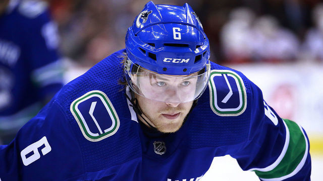 VANCOUVER, BC - MARCH 23: Brock Boeser #6 of the Vancouver Canucks waits for a face-off during their NHL game against the Calgary Flames at Rogers Arena March 23, 2019 in Vancouver, British Columbia, Canada. "n