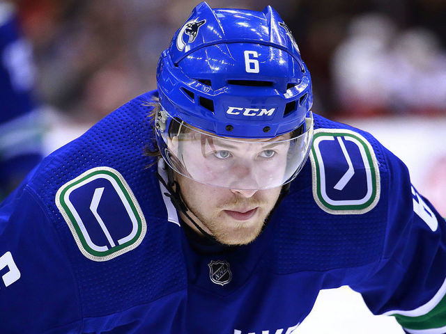 VANCOUVER, BC - MARCH 23: Brock Boeser #6 of the Vancouver Canucks waits for a face-off during their NHL game against the Calgary Flames at Rogers Arena March 23, 2019 in Vancouver, British Columbia, Canada. "n