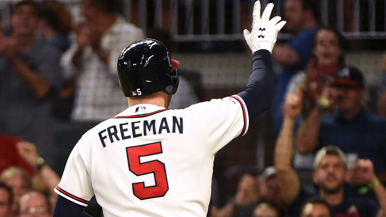 ATLANTA, GEORGIA - AUGUST 20: Freddie Freeman #5 of the Atlanta Braves celebrates his home run in the 5th inning against the Miami Marlins at SunTrust Park on August 20, 2019 in Atlanta, Georgia.