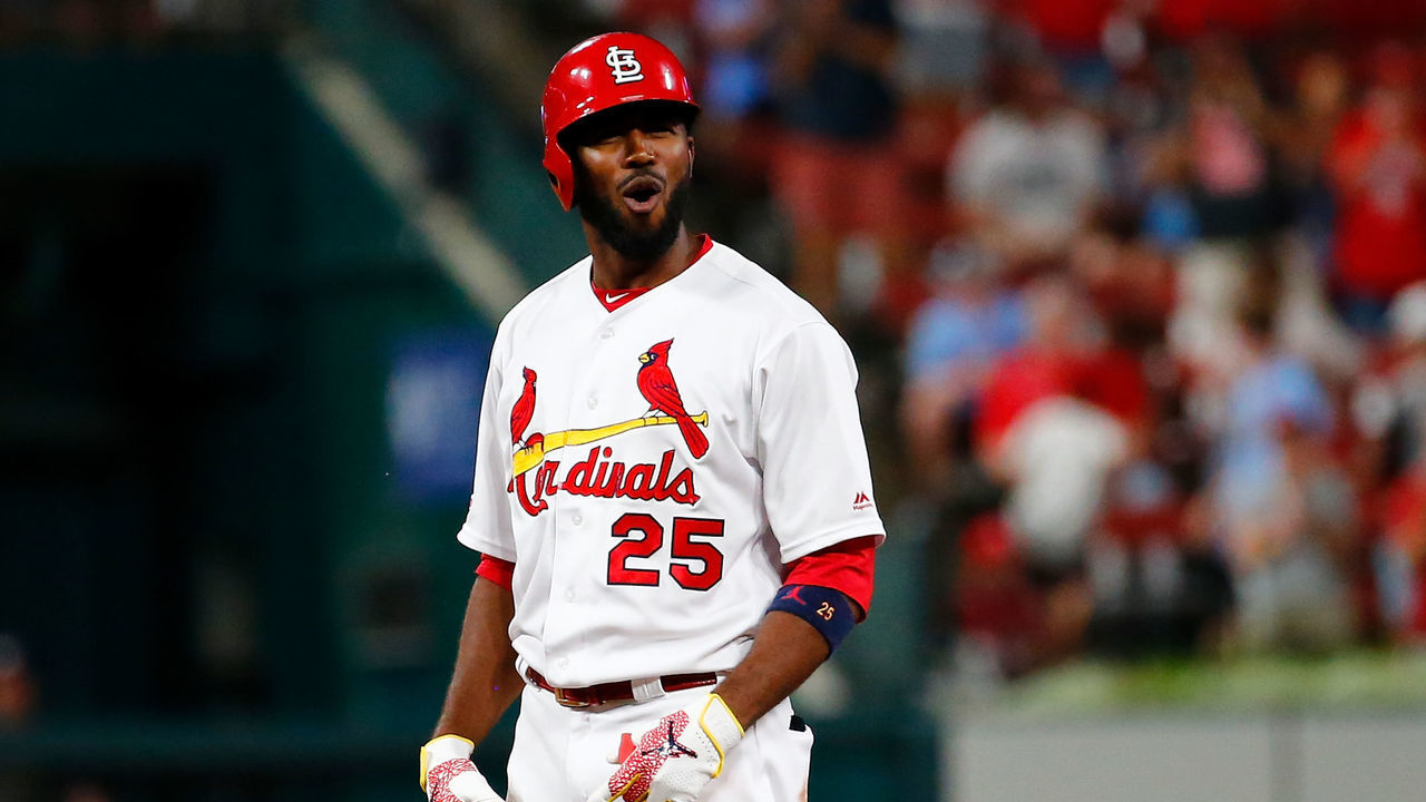 ST LOUIS, MO - AUGUST 20: Dexter Fowler #25 of the St. Louis Cardinals celebrates after knocking in three runs with a double against the Milwaukee Brewers in the sixth inning at Busch Stadium on August 20, 2019 in St Louis, Missouri.