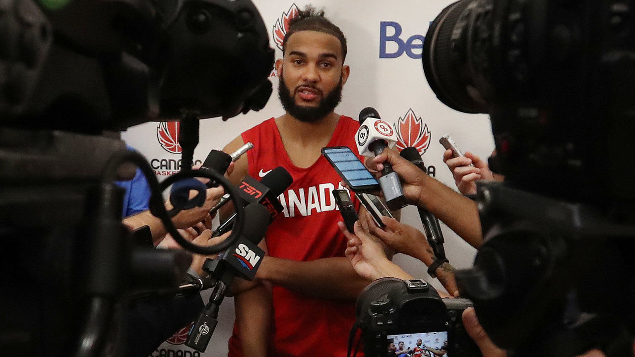 TORONTO, ON- AUGUST 5 - Cory Joseph takes questions after practice. The Canadian Men's Basketball Team hosts their first practice for the FIBA World Cup at the OVO Centre in Toronto. August 5, 2019. (Steve Russell/Toronto Star via Getty Images)