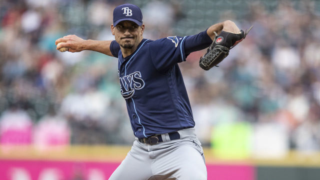 SEATTLE, WA - AUGUST 10: Starter Charlie Morton #50 of the Tampa Bay Rays delivers a pitch during a game against the Seattle Mariners at T-Mobile Park on August 10, 2019 in Seattle, Washington. The Rays won 5-4.