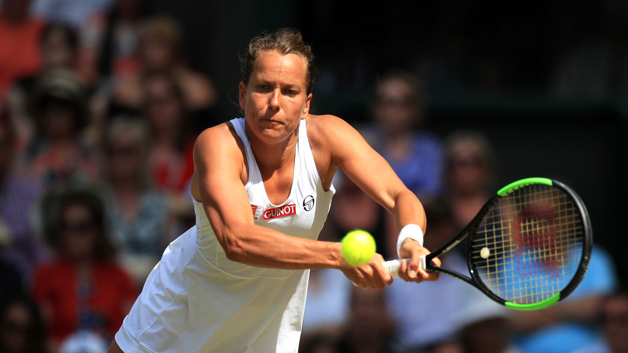 LONDON, ENGLAND - JULY 11: Barbora Strycova of The Czech Republic plays a backhand in her Ladies' Singles semi-final match against Serena Williams of The United States during Day Ten of The Championships - Wimbledon 2019 at All England Lawn Tennis and Croquet Club on July 11, 2019 in London, England.