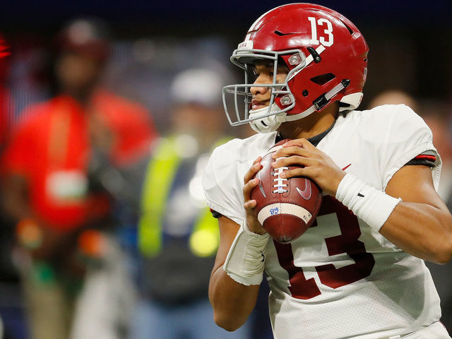 ATLANTA, GA - DECEMBER 01: Tua Tagovailoa #13 of the Alabama Crimson Tide looks to pass in the first half against the Georgia Bulldogs during the 2018 SEC Championship Game at Mercedes-Benz Stadium on December 1, 2018 in Atlanta, Georgia.