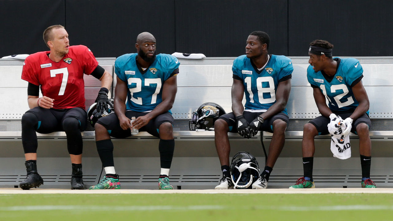 JACKSONVILLE, FL - AUGUST 02: Jacksonville Jaguars quarterback Nick Foles (7), Jacksonville Jaguars running back Leonard Fournette (27), Jacksonville Jaguars wide receiver Chris Conley (18), Jacksonville Jaguars wide receiver Dede Westbrook (12), and Jacksonville Jaguars wide receiver D.J. Chark Jr. (17) during training camp on August 2, 2019 at TIAA Bank Field in Jacksonville, Fl.