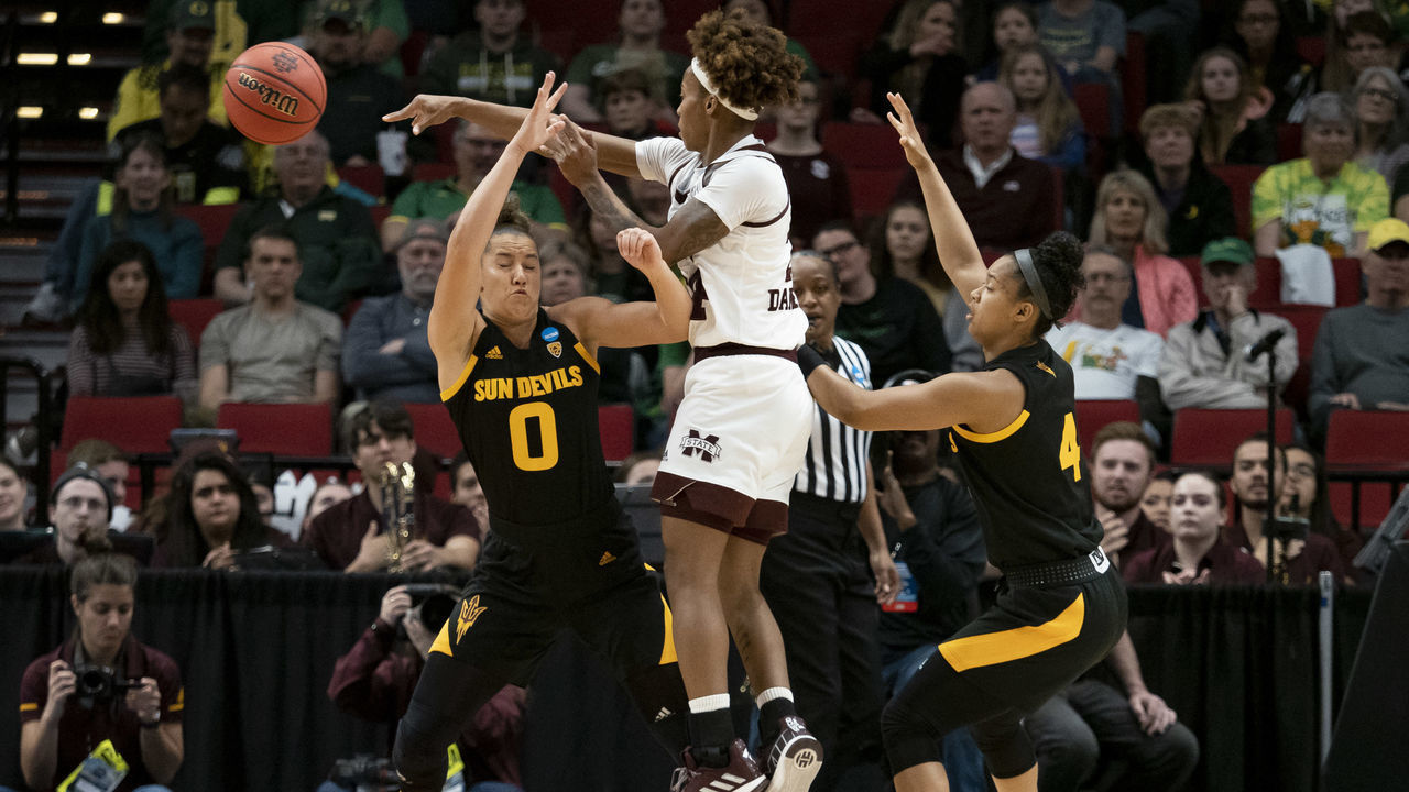 PORTLAND, OR - MARCH 29: Arizona State Sun Devils guard Taya Hanson (0) guards Mississippi State Bulldogs guard Jordan Danberry (24) during the NCAA Division I Women's Championship third round basketball game between Arizona State Sun Devils and the Mississippi State Bulldogs on March 29, 2019 at Moda Center in Portland, Oregon.