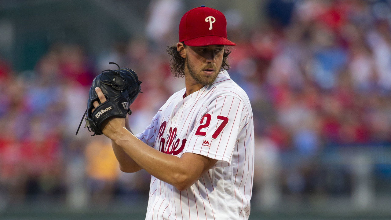 PHILADELPHIA, PA - AUGUST 14: Aaron Nola #27 of the Philadelphia Phillies throws a pitch against the Chicago Cubs at Citizens Bank Park on August 14, 2019 in Philadelphia, Pennsylvania. The Phillies defeated the Cubs 11-1.