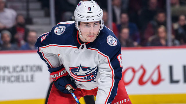 MONTREAL, QC - FEBRUARY 19: Columbus Blue Jackets defenseman Zach Werenski (8) waits for play to begin during the third period of the NHL game between the Columbus Blue Jackets and the Montreal Canadiens on february 19, 2019, at the Bell Centre in Montreal, QC