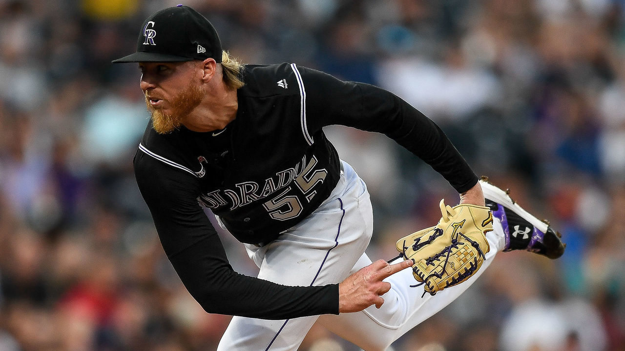 DENVER, CO - AUGUST 16: Jon Gray #55 of the Colorado Rockies pitches against the Miami Marlins at Coors Field on August 16, 2019 in Denver, Colorado.