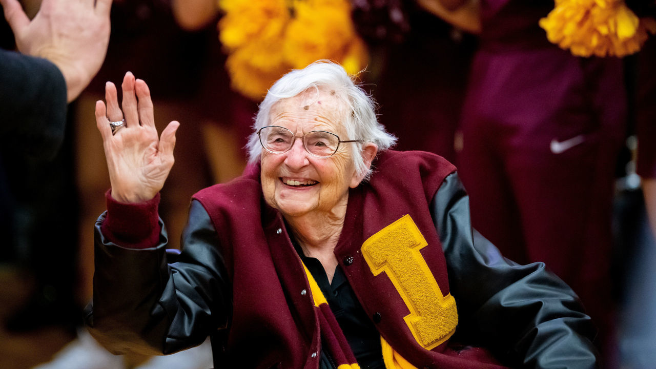 CHICAGO, IL - JANUARY 15: Jean Dolores Schmidt BVM, Sister Jean, a chaplain for the Loyola-Chicago Ramblers celebrates a victory after a game between the Valparaiso Crusaders and the Loyola-Chicago Ramblers on January 15, 2019, at the Joseph J. Gentile Arena in Chicago, IL.