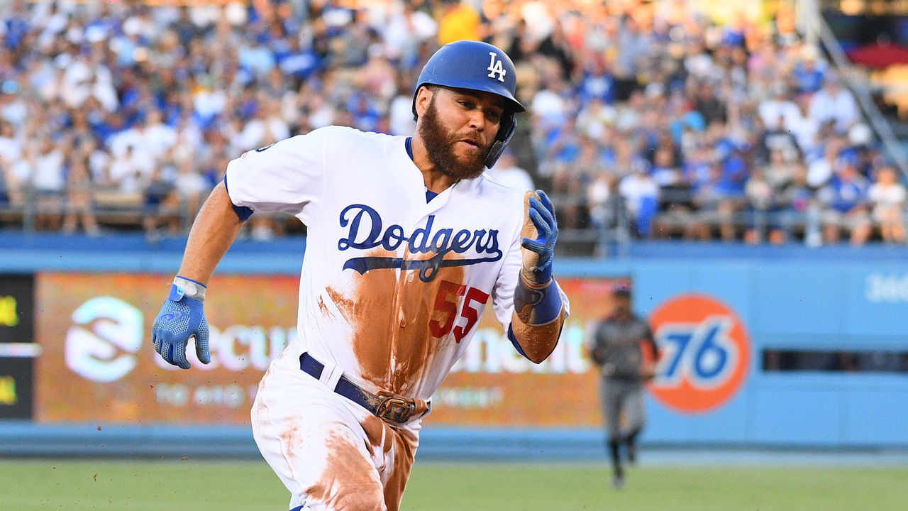 LOS ANGELES, CA - AUGUST 10: Los Angeles Dodgers catcher Russell Martin (55) runs hard towards third base on his way to score a run during a MLB game between the Arizona Diamondbacks and the Los Angeles Dodgers on August 10, 2019 at Dodger Stadium in Los Angeles, CA.