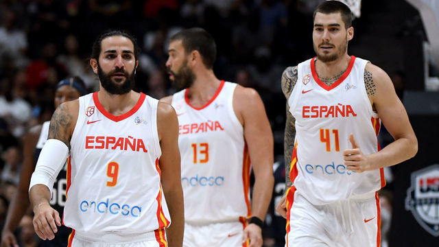 ANAHEIM, CALIFORNIA - AUGUST 16: Ricky Rubio #9, Juancho Hernangomez #41 and Marc Gasol head back on defense in a 90-81 loss to the United States during an exhibition game at Honda Center on August 16, 2019 in Anaheim, California.