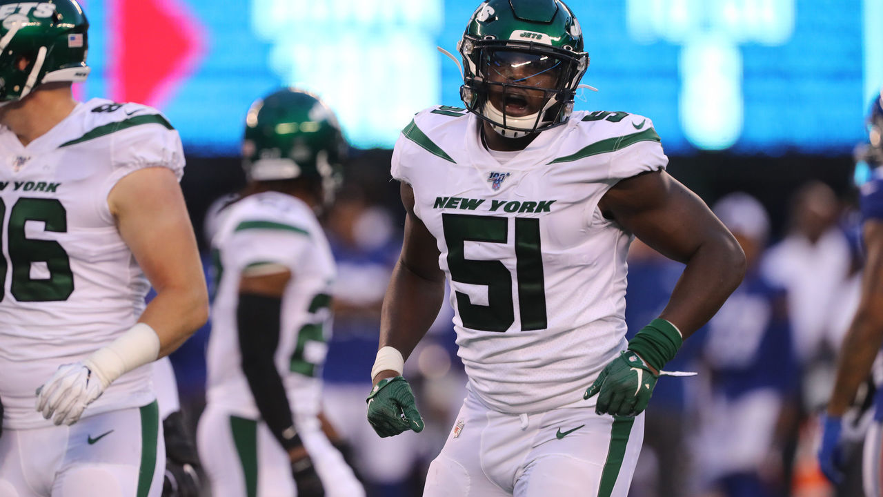EAST RUTHERFORD, NEW JERSEY - AUGUST 08: Linebacker Brandon Copeland #51 of the New York Jets in action against the New York Giants during their Preseason game at MetLife Stadium on August 08, 2019 in East Rutherford, New Jersey.