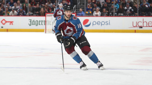 DENVER, CO - MARCH 29: Derick Brassard #18 of the Colorado Avalanche shoots against the Arizona Coyotes at the Pepsi Center on March 29, 2019 in Denver, Colorado. The Avalanche defeated the Coyotes 3-2 in a shoot out.