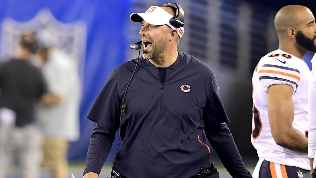 EAST RUTHERFORD, NEW JERSEY - AUGUST 16: Head coach Matt Nagy of the Chicago Bears reacts against the New York Giants during a preseason game at MetLife Stadium on August 16, 2019 in East Rutherford, New Jersey.