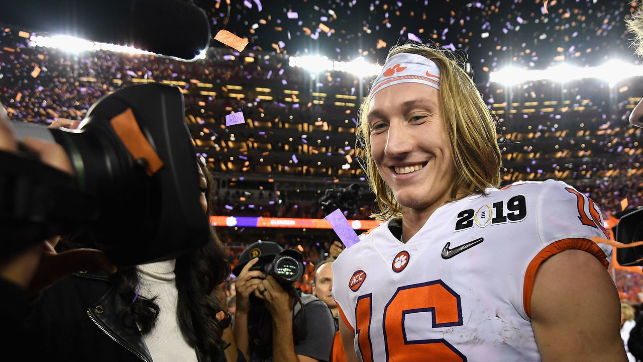 SANTA CLARA, CA - JANUARY 07: Trevor Lawrence #16 of the Clemson Tigers reacts after his teams 44-16 win over the Alabama Crimson Tide in the CFP National Championship presented by AT&T at Levi's Stadium on January 7, 2019 in Santa Clara, California.
