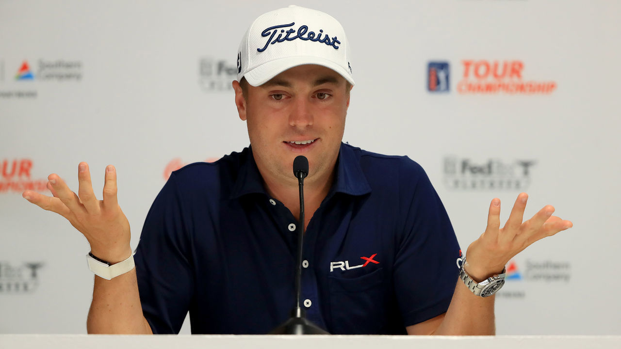 ATLANTA, GEORGIA - AUGUST 21: Justin Thomas speaks to the media prior to the TOUR Championship at East Lake Golf Club on August 21, 2019 in Atlanta, Georgia.